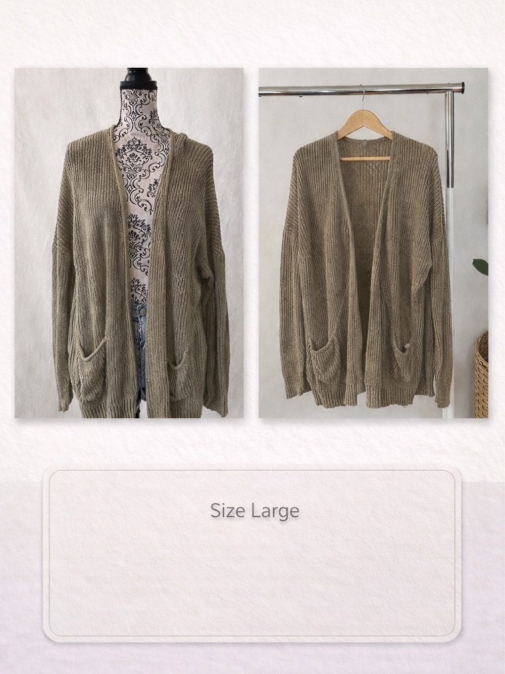 Chunky Knit Cardigan Womens Size Large Olive Taupe Open Front Cozy Sweater